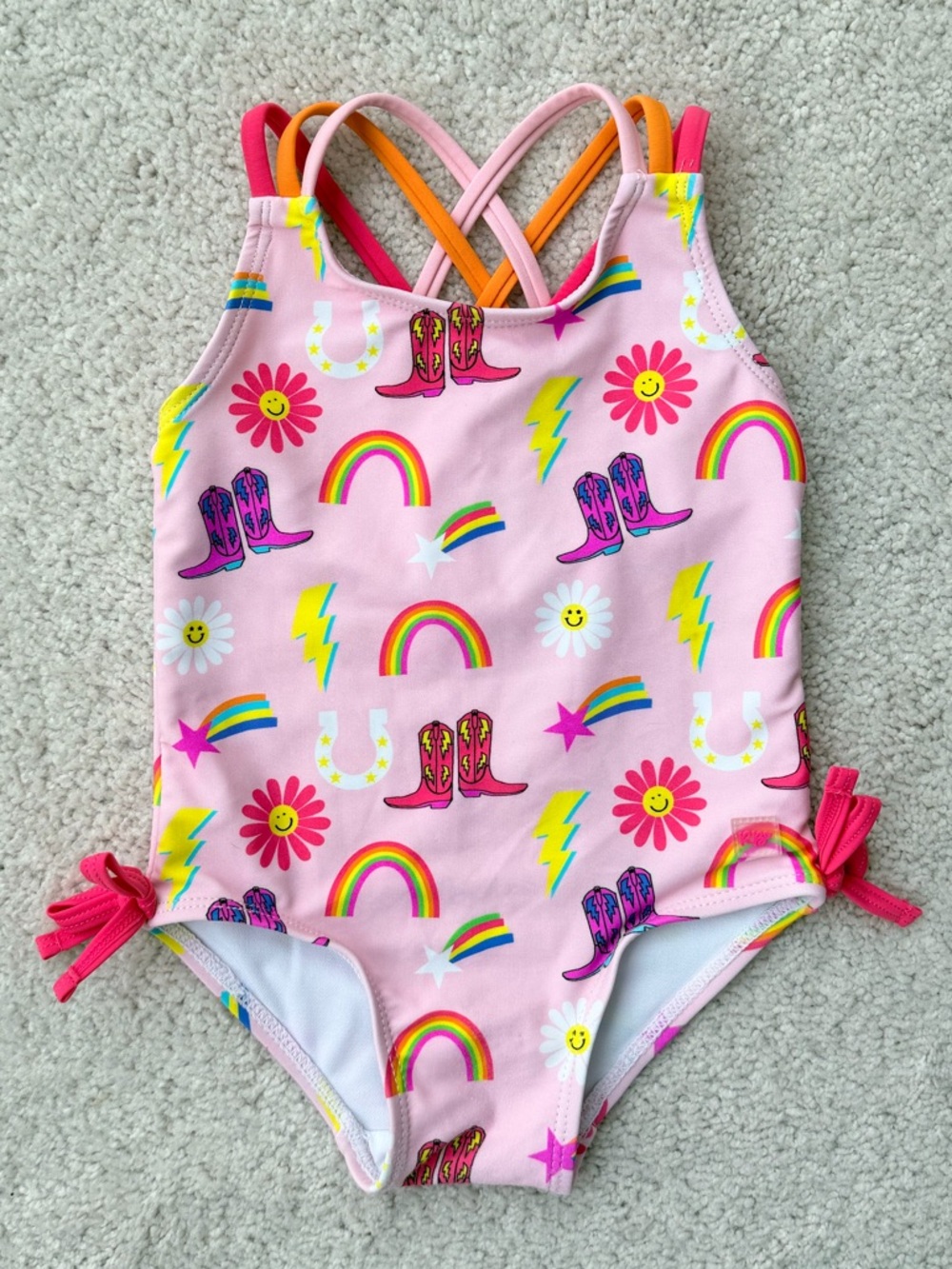 Ruffle Butts Pink Rainbow & Cowboy Boot One-Piece Swimsuit